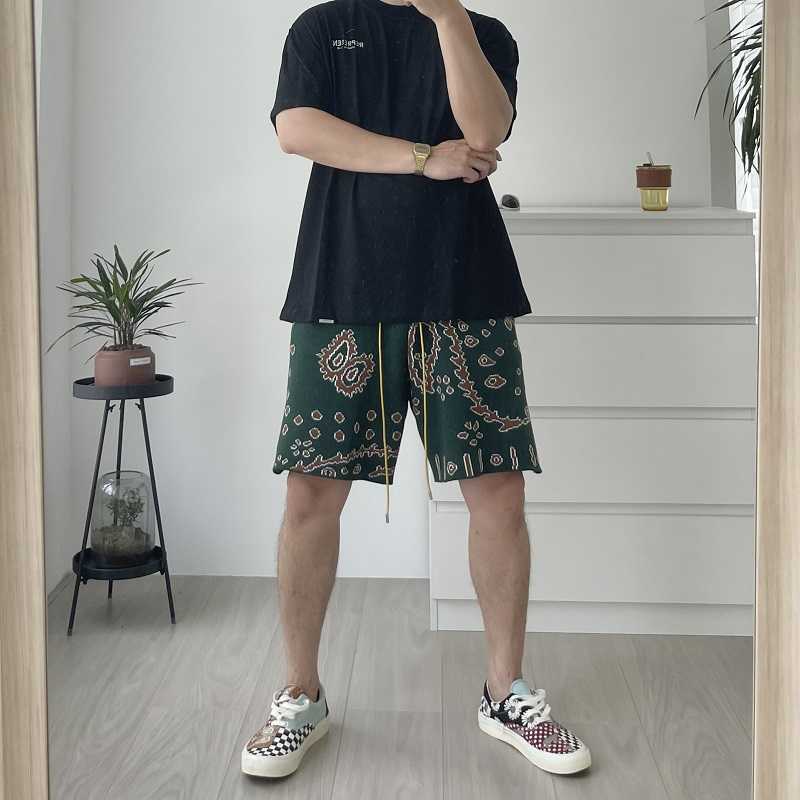 Mäns shorts llit Rhude Cashew Flower Sticked High Street American Quarter Shorts Fog Fashion Märke Populära mäns lösa dragbyxor