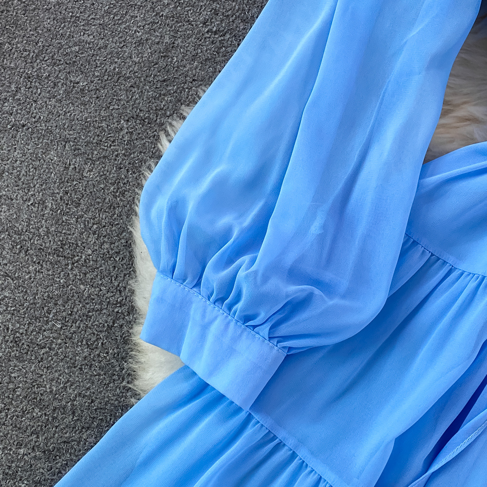 Robes décontractées de base Style doux Fold O-cou Puff Manches longues Simple boutonnage Couleur unie Taille haute Robe pour femmes Automne Nouvelles robes 2024