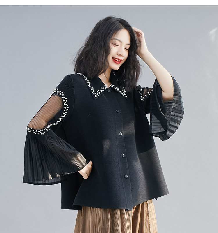 Sexy Summer Fashion Oversized Solid Color Pearls Beading Long Flare Sleeve Pleated Blouse Tops Women Loose High Stretchy Shirts 2024