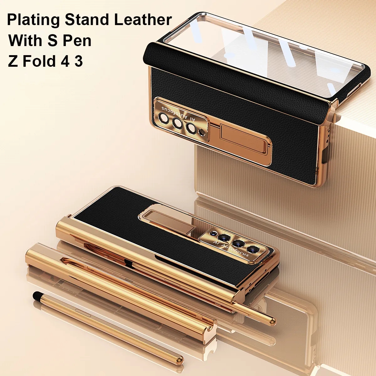 Met S Pen Plating Leather Case Voor Samsung Galaxy Z Fold 4 3 2 5G Magneet Kickstand Koolstofvezel screen Protector Telefoon Cover