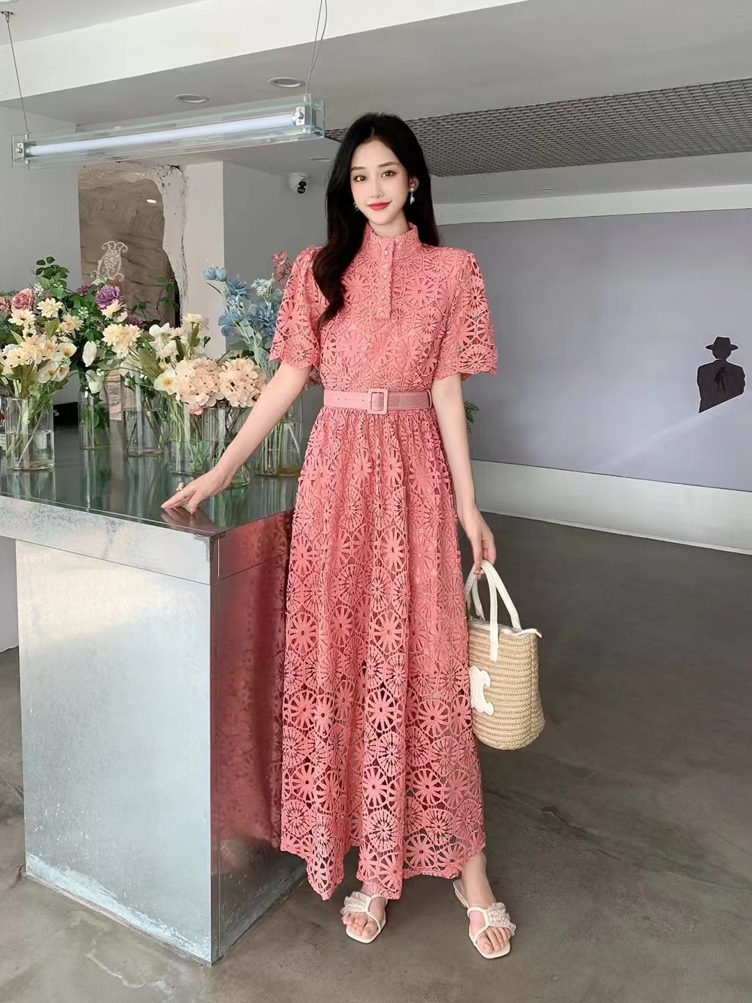 Basic Casual Dresses Sweet Style Women's Dress Lace Hook Flower Hollow Out Short-sleeve Solid Color High Waist Summer New Dresses 2024