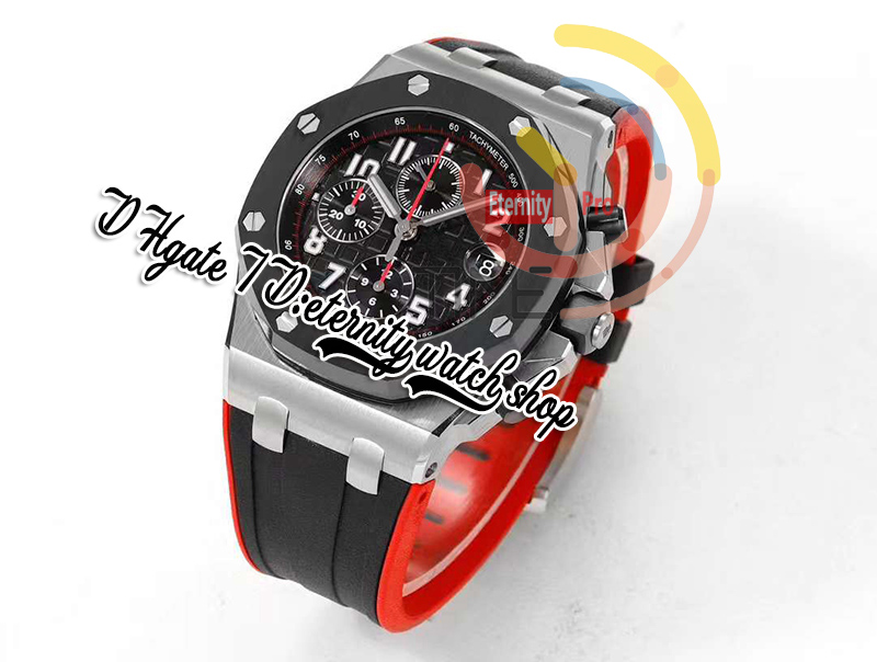 JJF 2647 Vampire A3126 Chronograph Automatic Mens Watch 42mm Steel Case Ceramic Bezel Black Textured Dial Red Rubber Strap 2023 Super Edition eternity Wristwatches