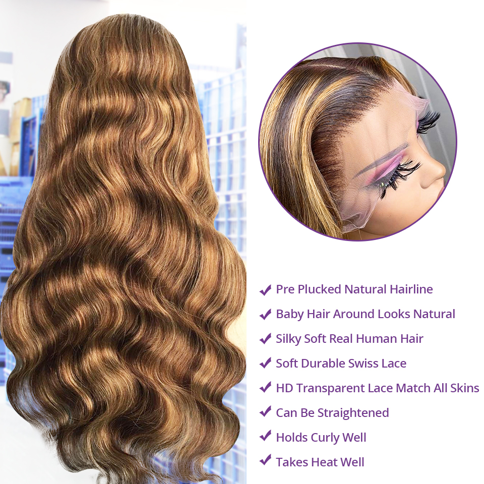 Glueless Highlight 613 Brown Wig Body Wave Lace Front Wig HD透明レースウィッグ13x4女性のための人間の髪のかつら100％人間の髪