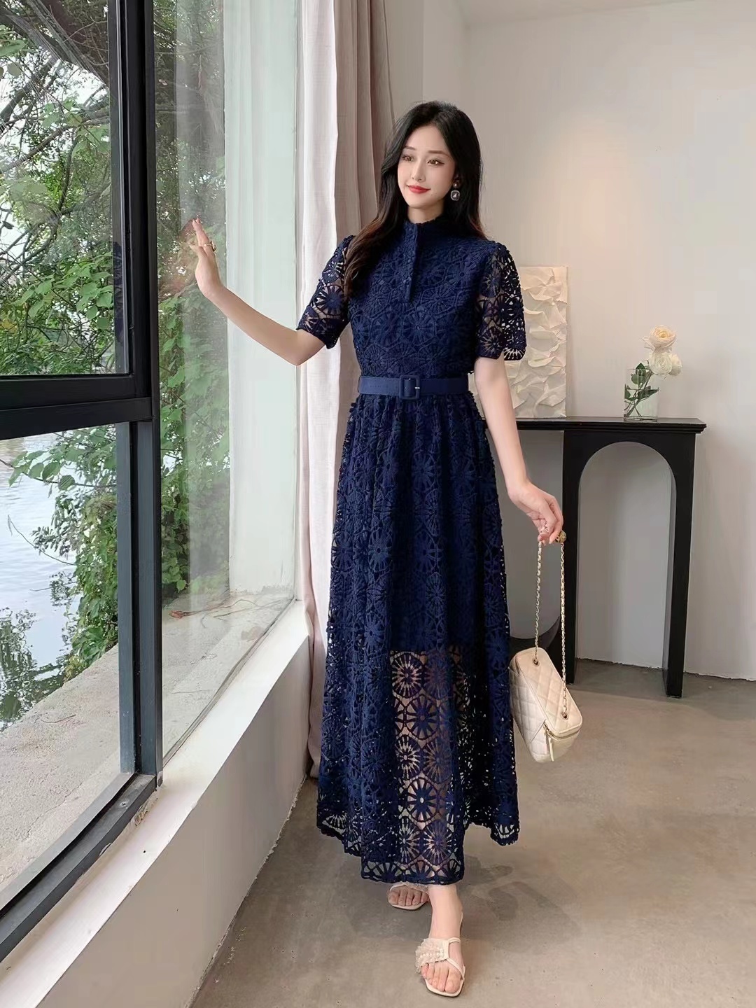 Basic Casual Dresses Sweet Style Women's Dress Lace Hook Flower Hollow Out Short-sleeve Solid Color High Waist Summer New Dresses 2024