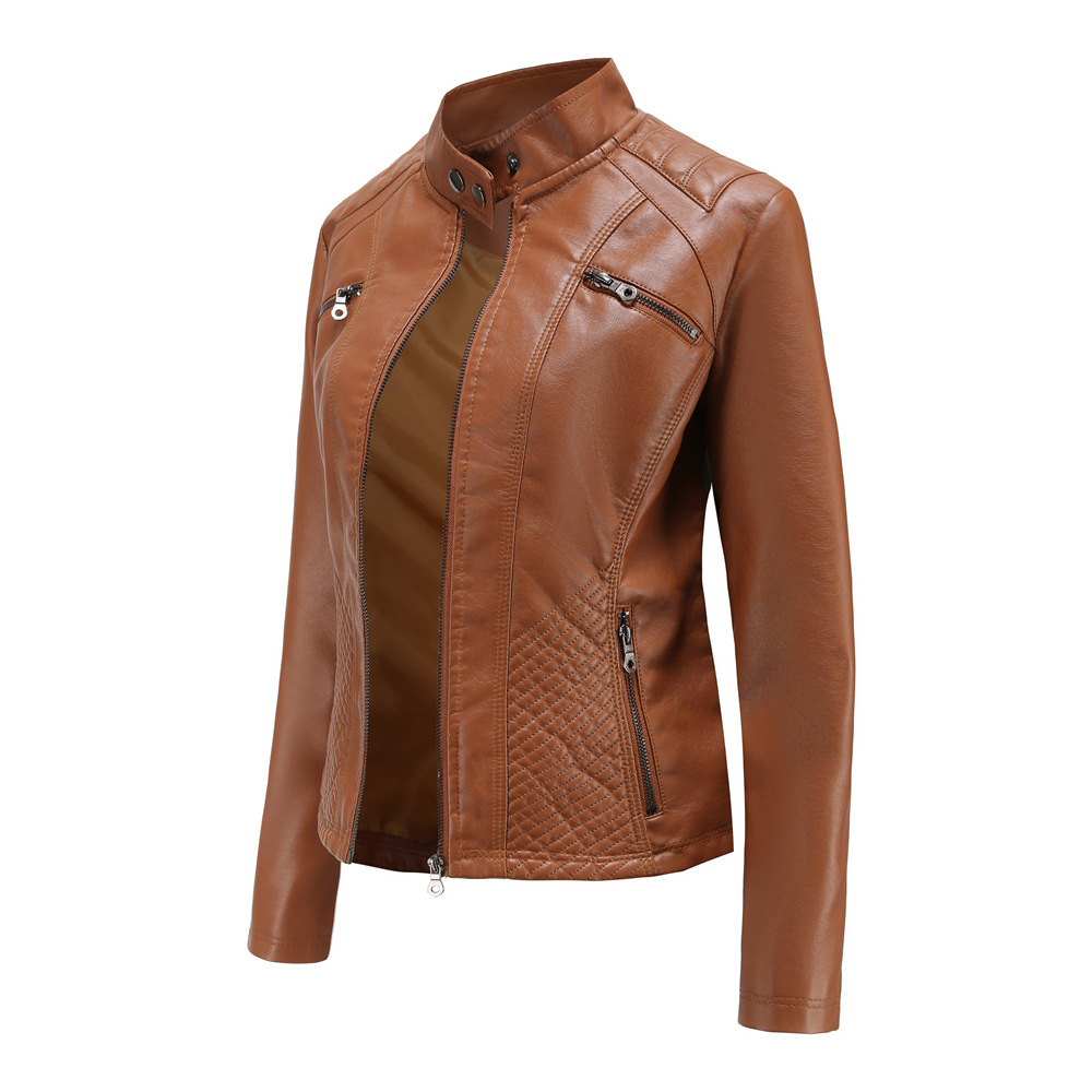2023 Autumn Winter Women's Pu Leather Jackets Stand Collar Zip Spliced Rivet Woman's Faux Fur Short Slim Coats NXHP006