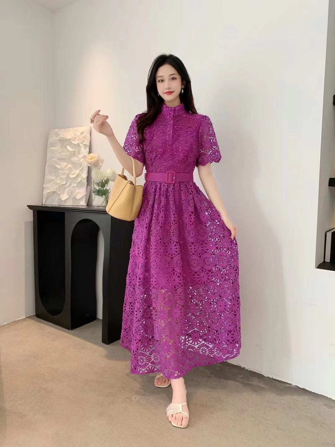 Basic Casual Dresses Sweet Style Women's Dress Lace Hook Flower Hollow Out Short-sleeve Solid Color High Waist Summer New Dresses 2024