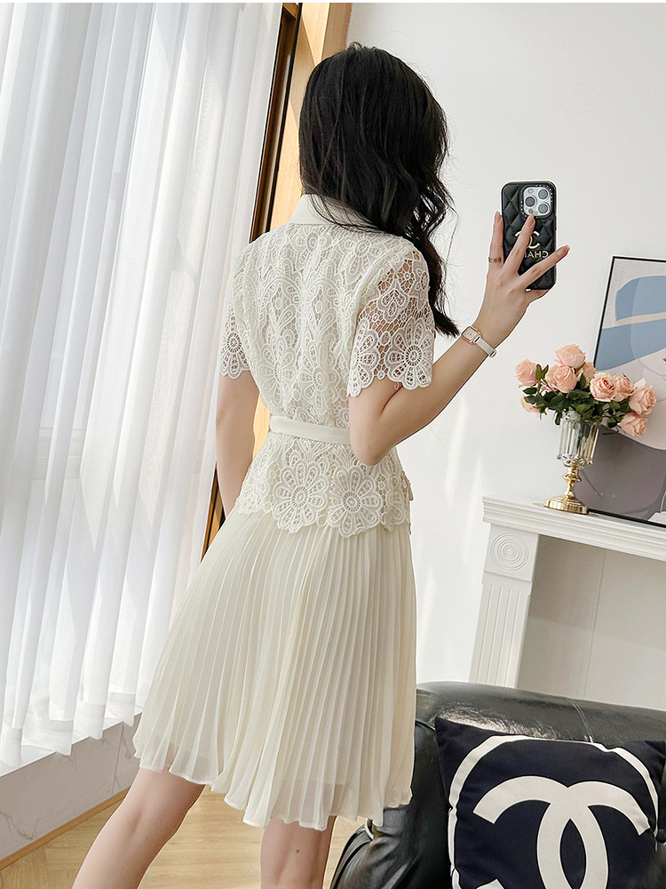 Summer Embroidery Lace Hollow Out Blouse and Pleated Chiffon Mini Skirt with Belt Dress Set