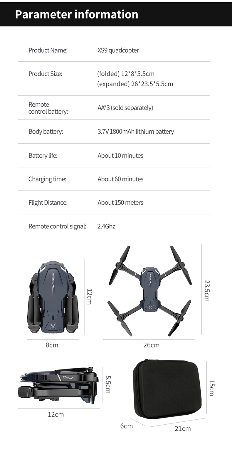 XS9 Drone med Camera 4K HD Dual Camera Four-Axis Folding Aerial Photography Drone Photography With Drone Module Battery