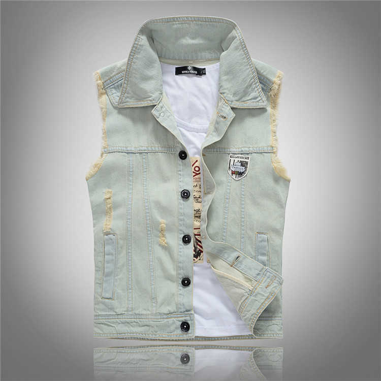 Gilet da uomo slim in denim Gilet blu Giacche New Fashion Maschile Fit Cappotti in denim Gilet Street Wear Fori Jeans Gilet Taglia S-5XL HKD230828