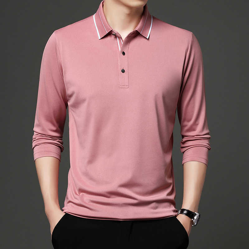 Printemps et automne T-shirt à manches longues pour hommes décontracté col polo bouton de mode en vrac couleur unie pull t-shirts hauts à rayure HKD230825