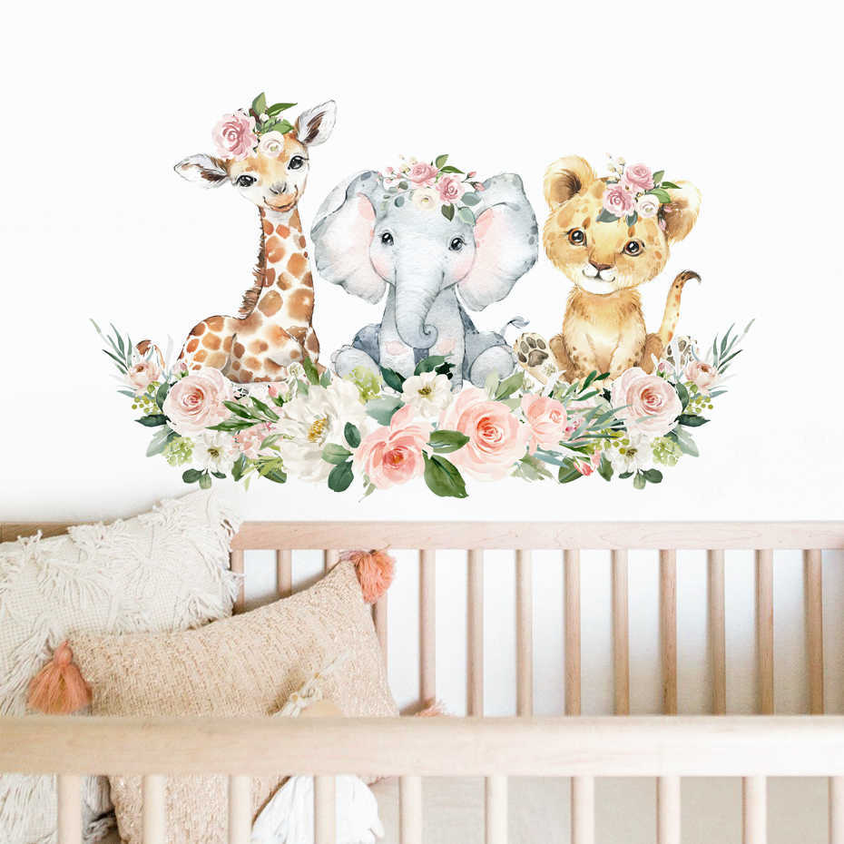 Dessin animé mignon aquarelle rose Floral Safari Jungle Animal autocollant mural pour chambre d'enfants bébé fille pépinière décalcomanies chambre décor à la maison HKD230825 HKD230825