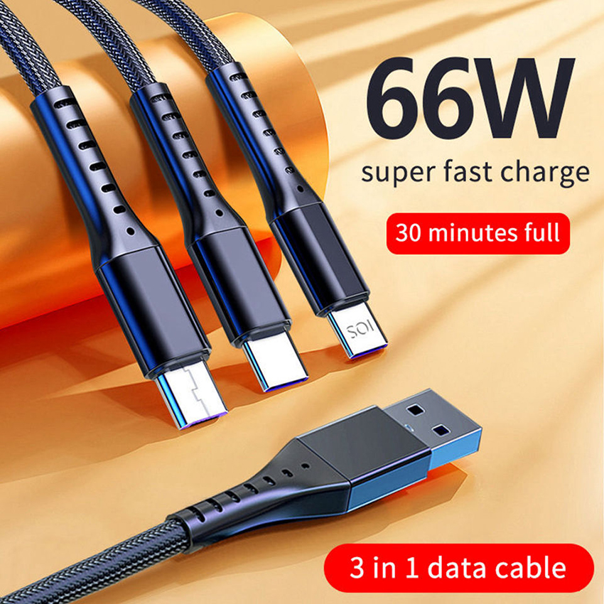 5A 66W 3 In 1 Super Fast Charging Cable For Type C Android Iphone Mobile Phone Wire Phone Accessories