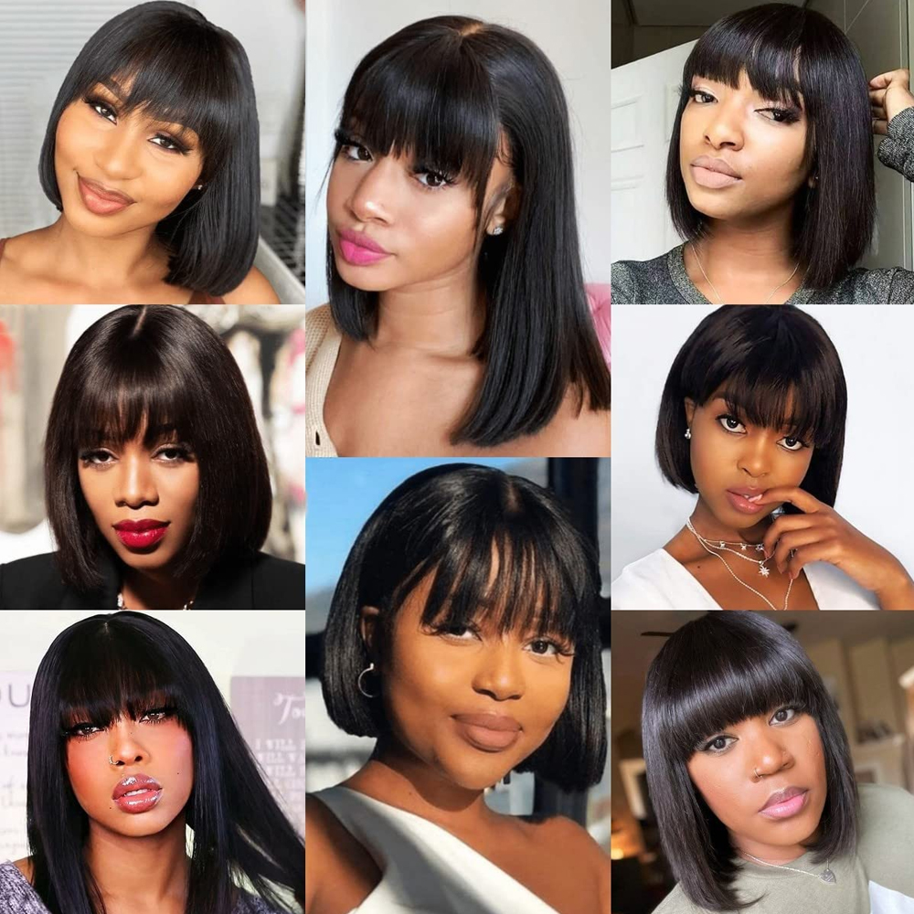 Straight Human Hair Wigs with Bangs 180 % Density Brazilian Human Hair Wigs for Women Machine Made Bob Wigs