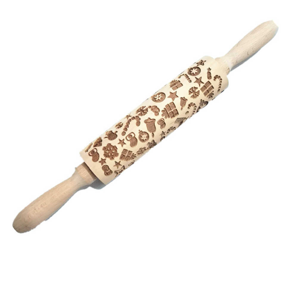 Christmas Rolling Pin With Pattern Snowflake Snowman Wooden Rolling Embossing Baking Cookies Biscuit Fondant Cake Pattern Roller HKD230828