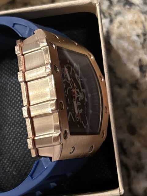 Richarmill Watch Szwajcarski automatyczny mechaniczny nadgarstek zegarek męski Rose Gold Metal and Blue Rubber Watch Band WN-3HH6