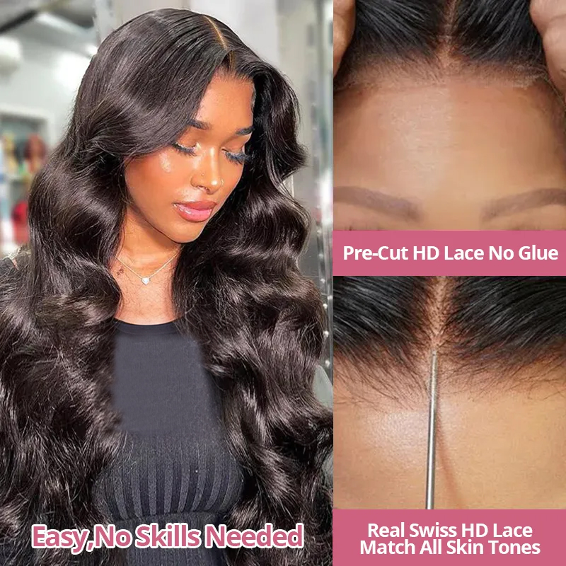 Perruques humaines sans colle pré-cueillies, Body Wave transparentes, naissance des cheveux naturelle, perruque Lace Closure Wig, pré-coupée pour femmes