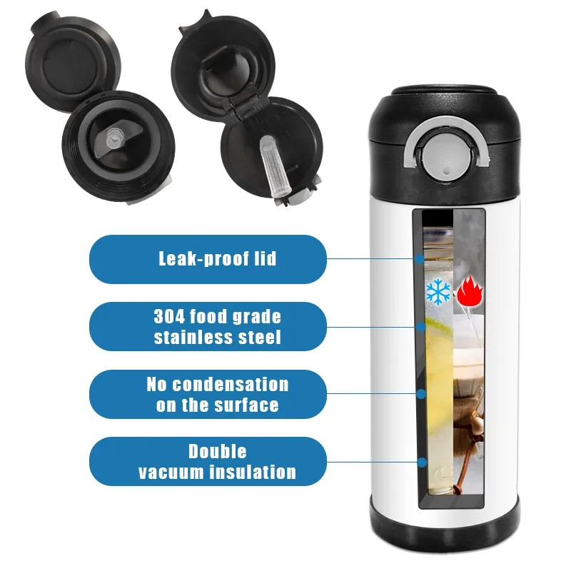 Bouteille d'eau pour enfants vierges par sublimation de 12 oz Gobelet droit de 350 ml Gobelets à bec Flacon en acier inoxydable Tasse à café de voyage isolée sous vide avec poignée Sous-verres en silicone