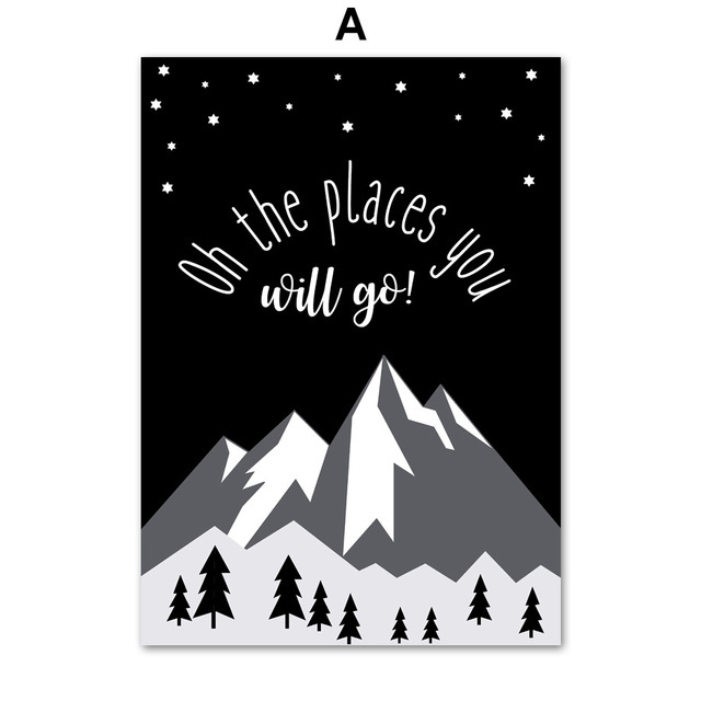 Nero Bianco Cartoon Tela Dipinto Foresta di Montagna Freccia Poster Stampe nordiche Immagini murali Ragazza Ragazzo Bambini Camera da letto Nursery Decor Regalo Senza cornice Wo6