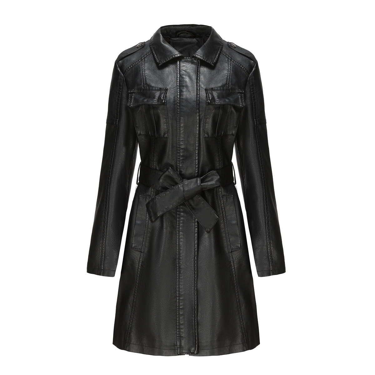 2023 Autumn Winter Women's Pu Leather Jackets Lapel Neck Sashes Spliced ​​Woman's Faux Fur Long Slim Coats NXHP010