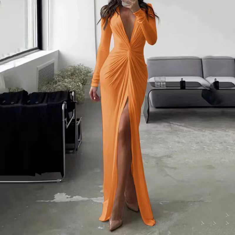 기본 캐주얼 드레스 2023 가을 여성의 고급 디자이너 파티 볼 깊은 V- 넥 섹시 드레스 바닥 분할 새로운 이브닝 드레스 T230825