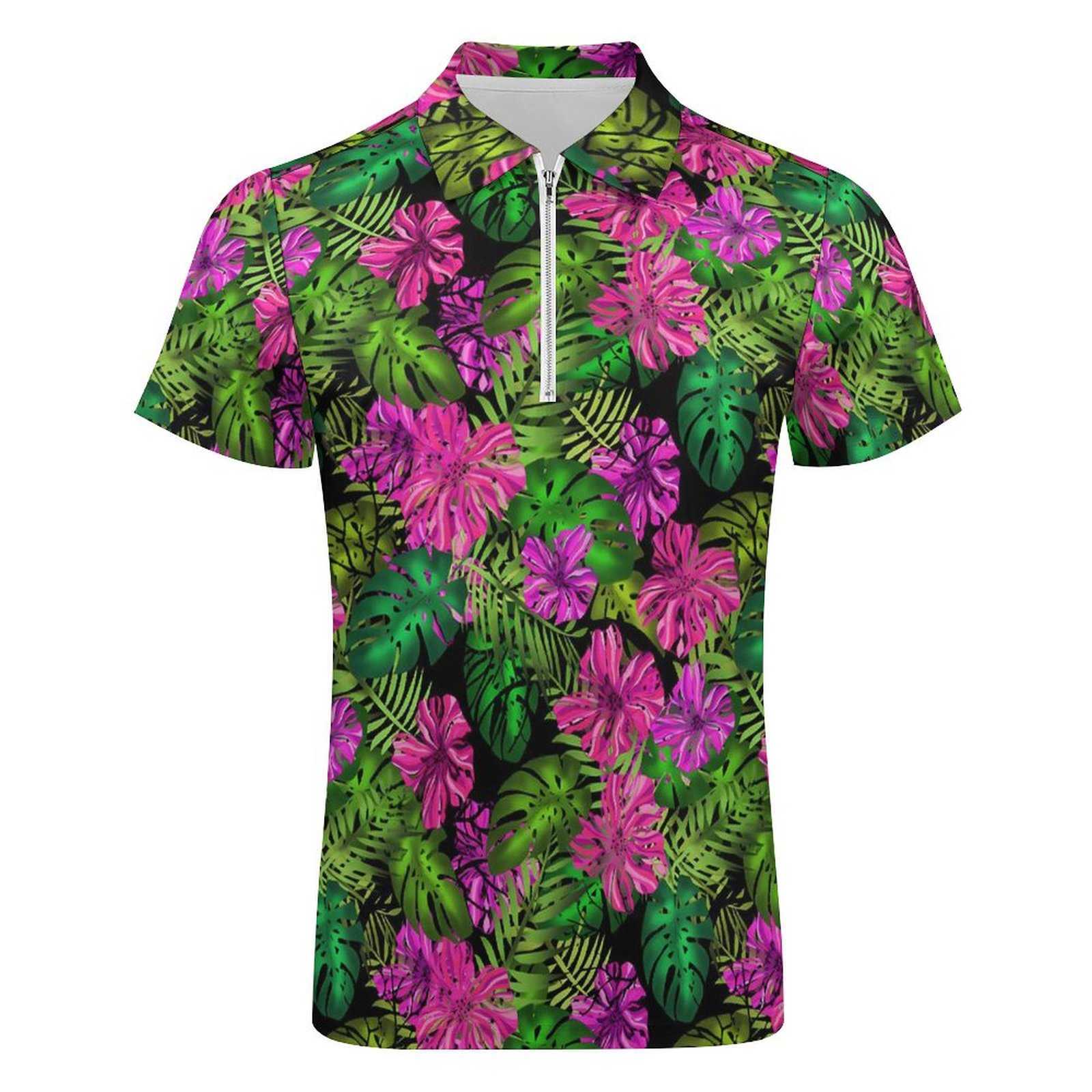 Plantes Imprimer Polos Hommes Fleurs Tropicales Chemise Décontractée Jour Élégant Fermeture Éclair T-Shirts À Manches Courtes Graphique Oversize Vêtements HKD230825