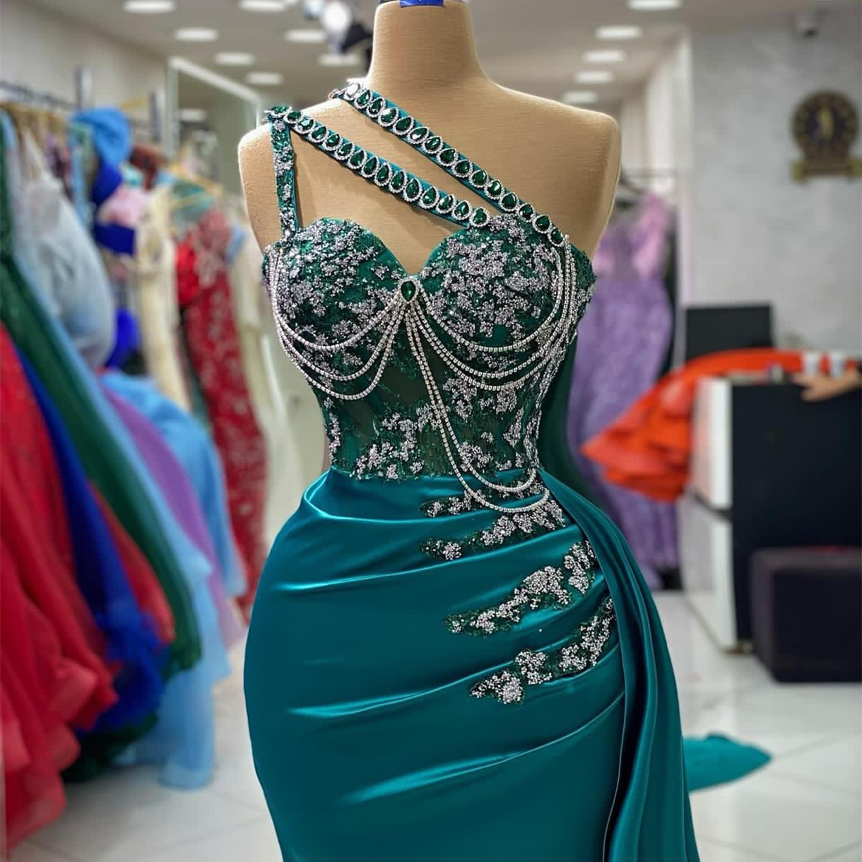 2023 Aso Ebi Arabic Hunter Green Mermaid Prom Платье кристаллы кружевная вечерняя вечеринка второй прием с днем ​​рождения платья платья Robe de Soiree ZJ732