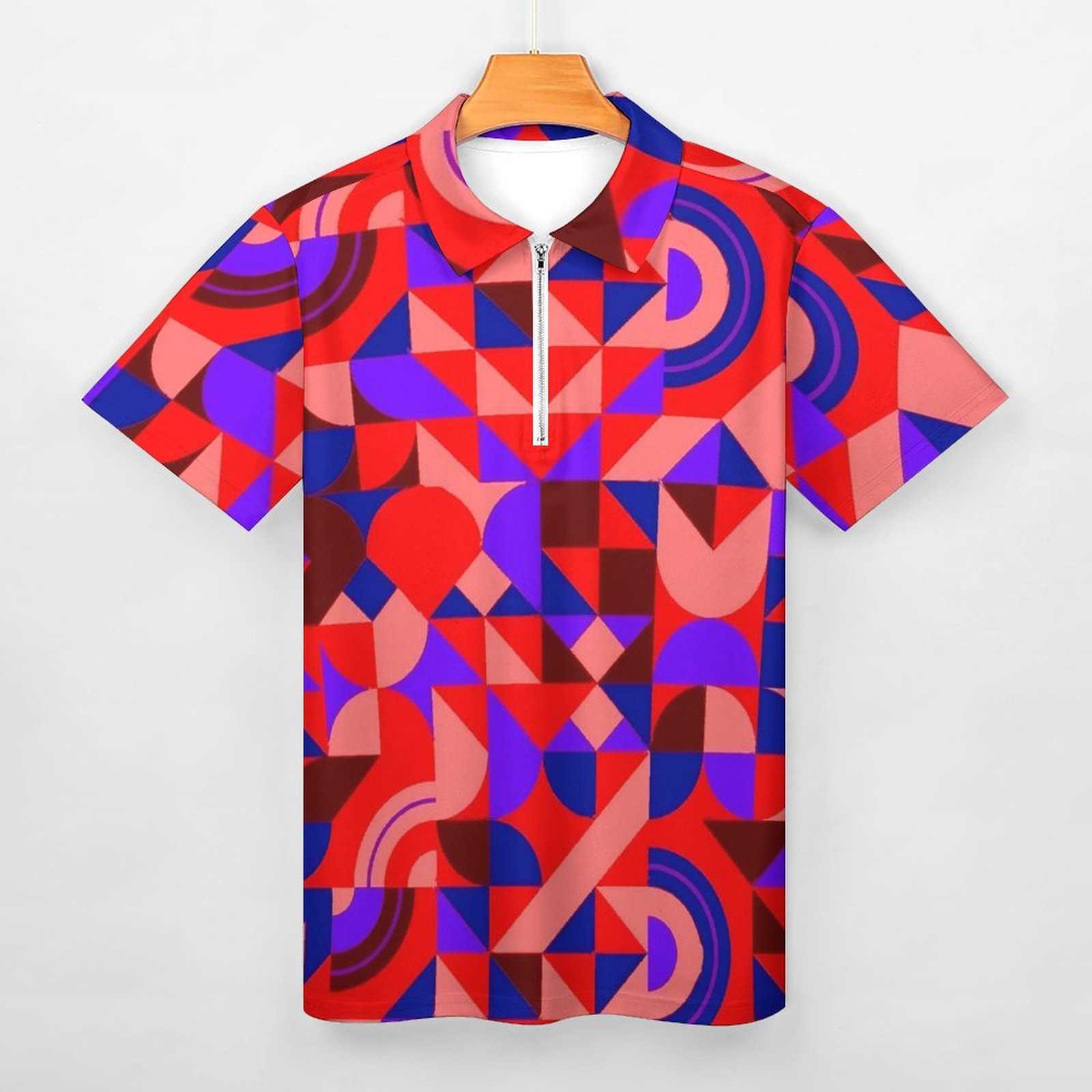 Geo Print Polo Shirts Men Abstract Geometric Art Shirt Summer Y2K Zipper Tシャツ半袖デザイン特大の服HKD230825