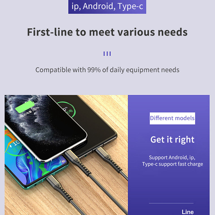 5A 66W 3 em 1 cabo de carregamento super rápido para tipo C Android Iphone acessórios de telefone móvel