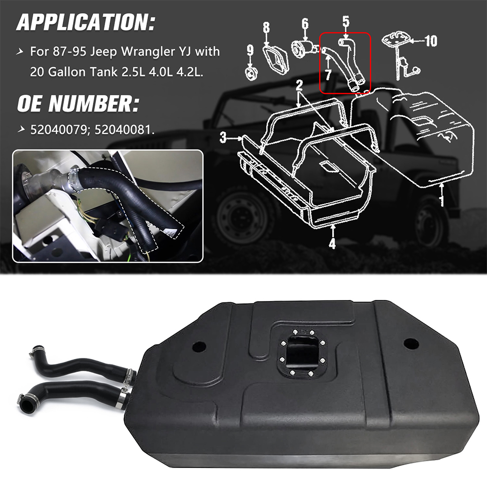 Kraftstoffeinfüllschlauch Kraftstoffentlüftungsschlauchsatz mit 4 Klemmen für Jeep Wrangler YJ 87–95 2,5 l 4,0 l 4,2 l 52040079 52040081 PQY-SXG06BK