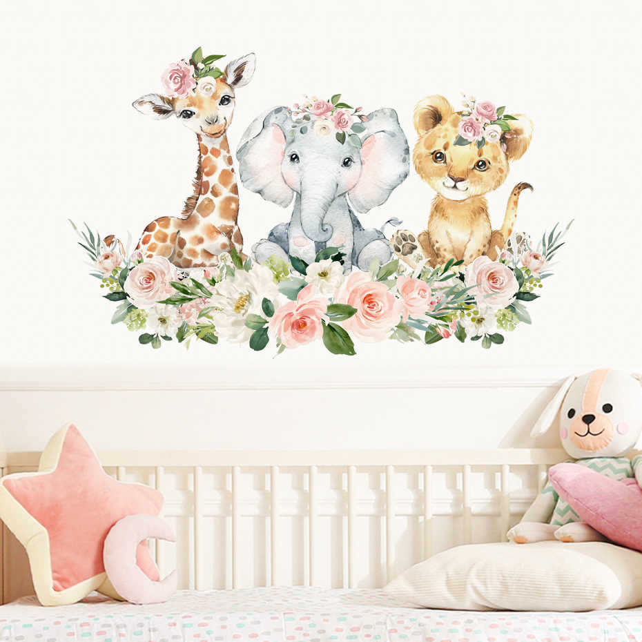 Dessin animé mignon aquarelle rose Floral Safari Jungle Animal autocollant mural pour chambre d'enfants bébé fille pépinière décalcomanies chambre décor à la maison HKD230825 HKD230825