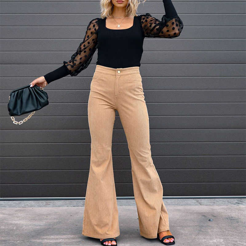 Women's Pants Capris Corduroy Flare Pants Women's Solid High Waist Casual Wear Ultra Thin Fit Simple Button Flight Women's Wear T230825