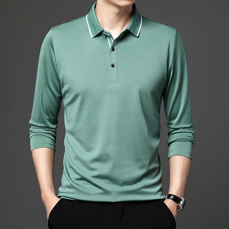 Printemps et automne T-shirt à manches longues pour hommes décontracté col polo bouton de mode en vrac couleur unie pull t-shirts hauts à rayure HKD230825