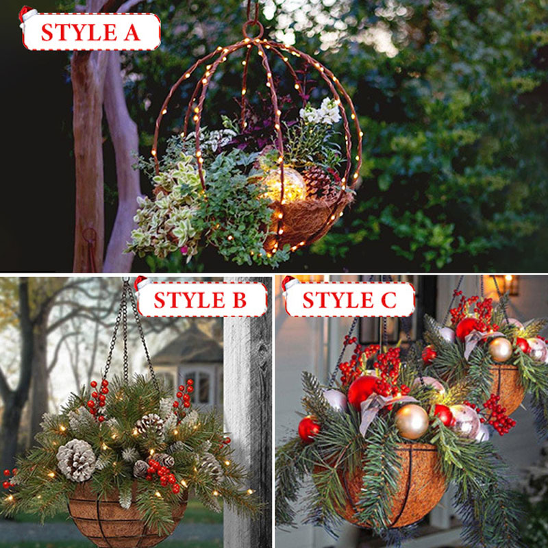 Weihnachtsdekorationen, hängende Dekoration, leuchtender künstlicher Blumenkorb mit Lichterkette, DIY-Ornament, Outdoor-Dekoration