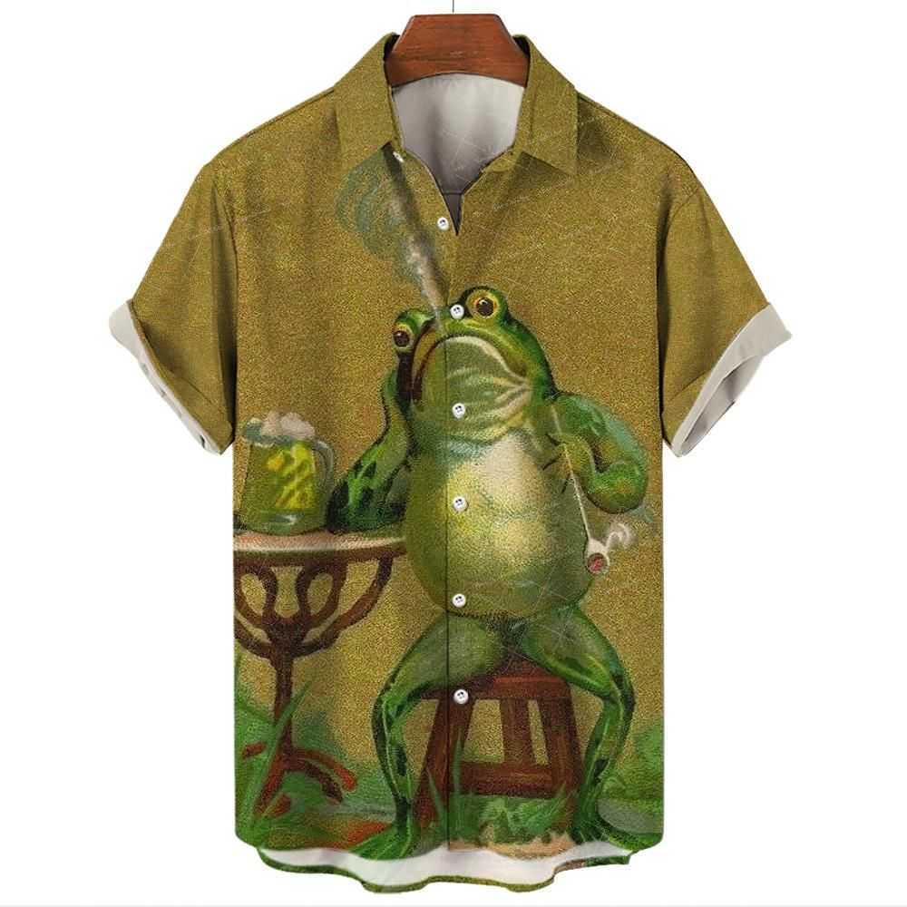 Смешная рубашка с лягушкой для мужчин поло на шею пуговица с коротким рукавом, повседневная уличная одежда мужская рубашка винтажная печата