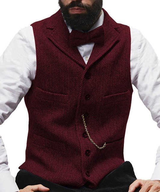 Męski garnitur kamizel Brown Burgundy Lapel V-Neck Herringbone Wool Casual Formal Business Kurtka Kurtka Groomman na Wedding HKD230828