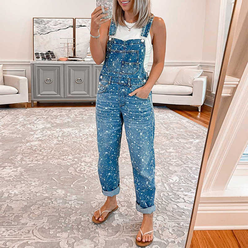 Jumpsuits für Frauen ROMPER 2023 BodySuit Mode Frauenstraße lose Taille hohe Taillenpolka Dot Print Denimhose T230825