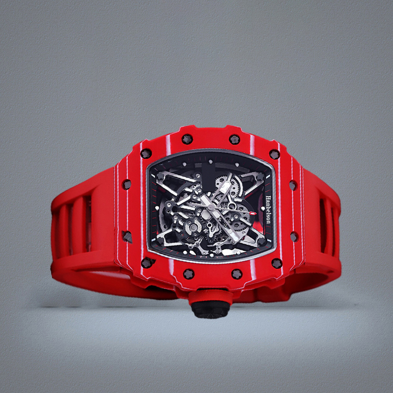 Fibre de carbone rouge F1 METTRE LUMINE LUMINENT SKELETON DIAL Japon Mouvement automatique Sapphire Verre en caoutchouc personnalisé Wristwatch6146307