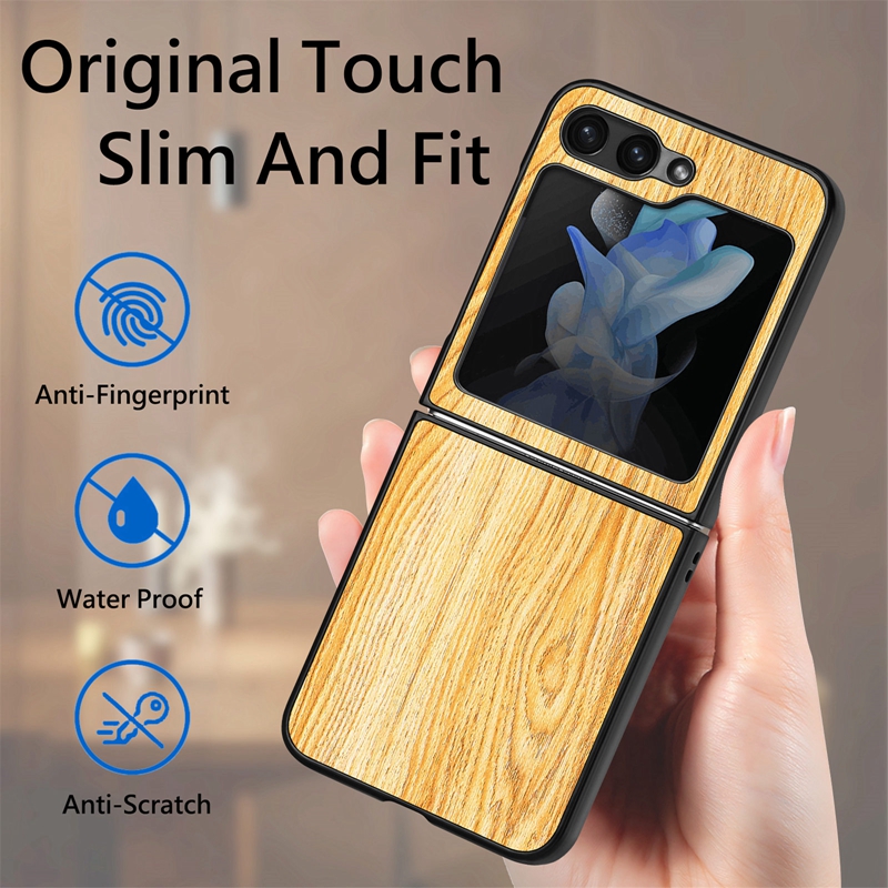 Custodie pieghevoli in pelle con venature del legno ZFlip5 Samsung Galaxy Z Flip 5 Flip5 4 3 Flip4 Flip3 Zflip4 Custodia pieghevole telefono pieghevole Custodia rigida in plastica PC Custodia in PU