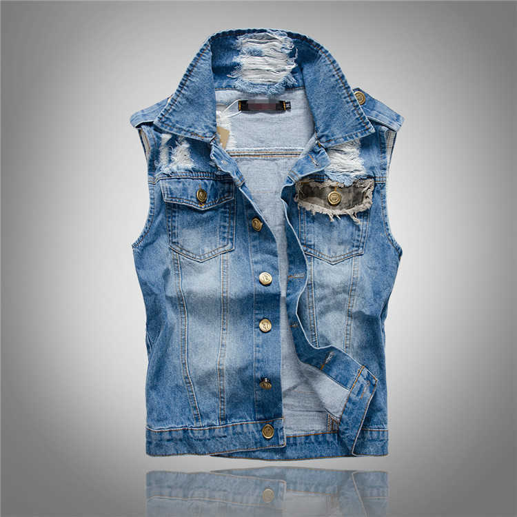 Men Slim Denim Vests Jackets New Fashion Male Orange Fit Denim Coats Vests Large Size Street Wear Holes Jeans Vest Size S-5XL HKD230828