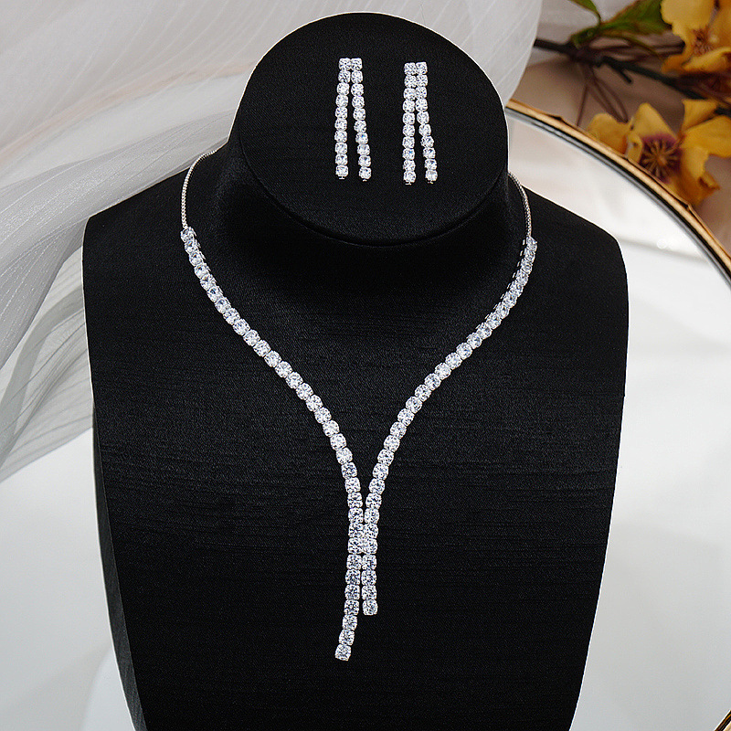 Novo brilhante completo diamante zircão colar brincos conjunto de jóias de casamento nupcial temperamento simples conjunto versátil atacado
