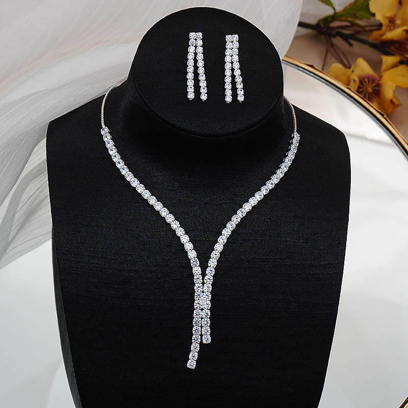 New Brilliant Full Diamond Zircon Necklace Earrings Set Bridal Wedding Jewelry Temperament Simple Versatile Set Wholesale