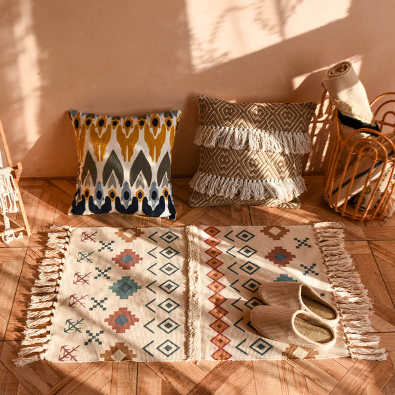 60x90 cm Retro Bohemian Hand Woven Tassel Carpet For Home Living Room Window Bedside Linen Rug Tabler Runner Door Mat Home Decor HKD230828