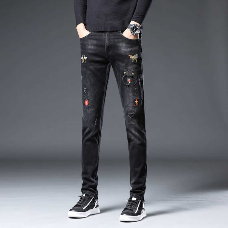 Haute qualité hommes coupe ajustée Stretch Noble noir jean tout Match à la mode broderie décors pantalons décontractés élégant Sexy rue jean HKD230829