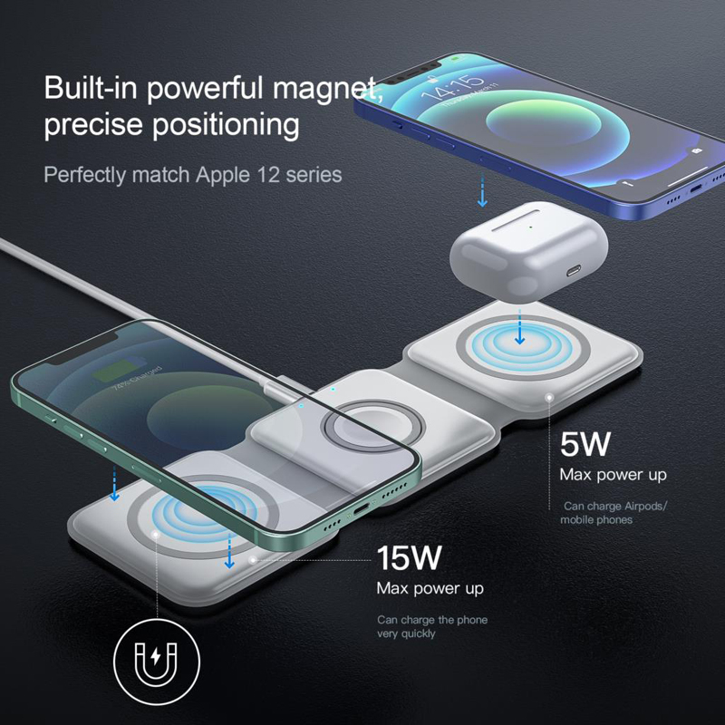 3 in 1 Foldable Fast Wireless Charger for iPhone 15 14/Pro/Max/Plus/13/12 Series for AirPods 3/2 Pro for Apple Watch/iWatch Trip Charger