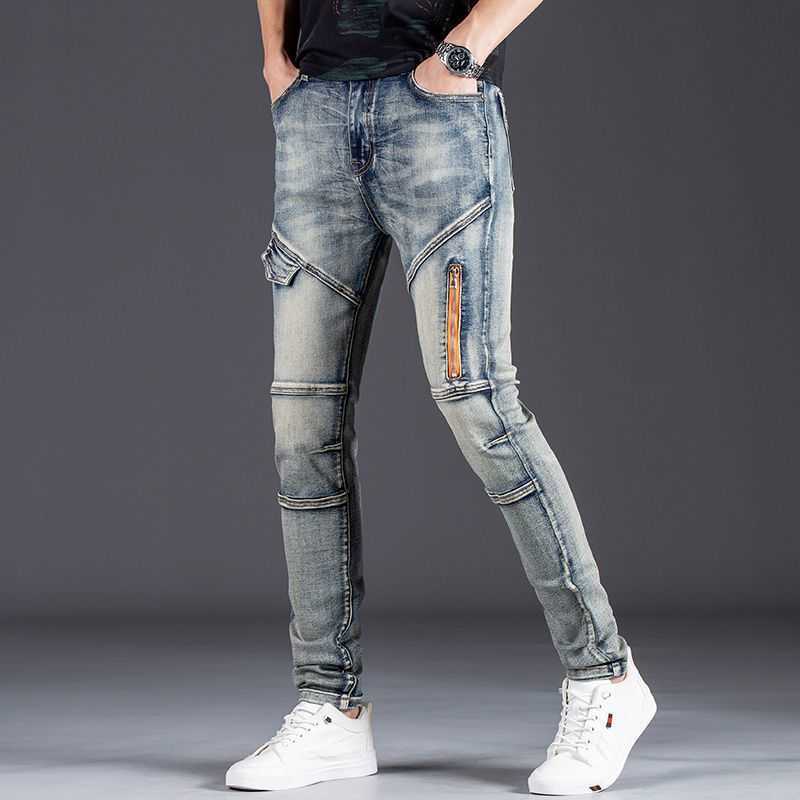 Light Luxury Mens Stretch Slim-Fit Retro Style Denim Pants Sexy Moto Biker Trendy Jeans dragkedja Decors Blue Street Jeans Pants; HKD230829