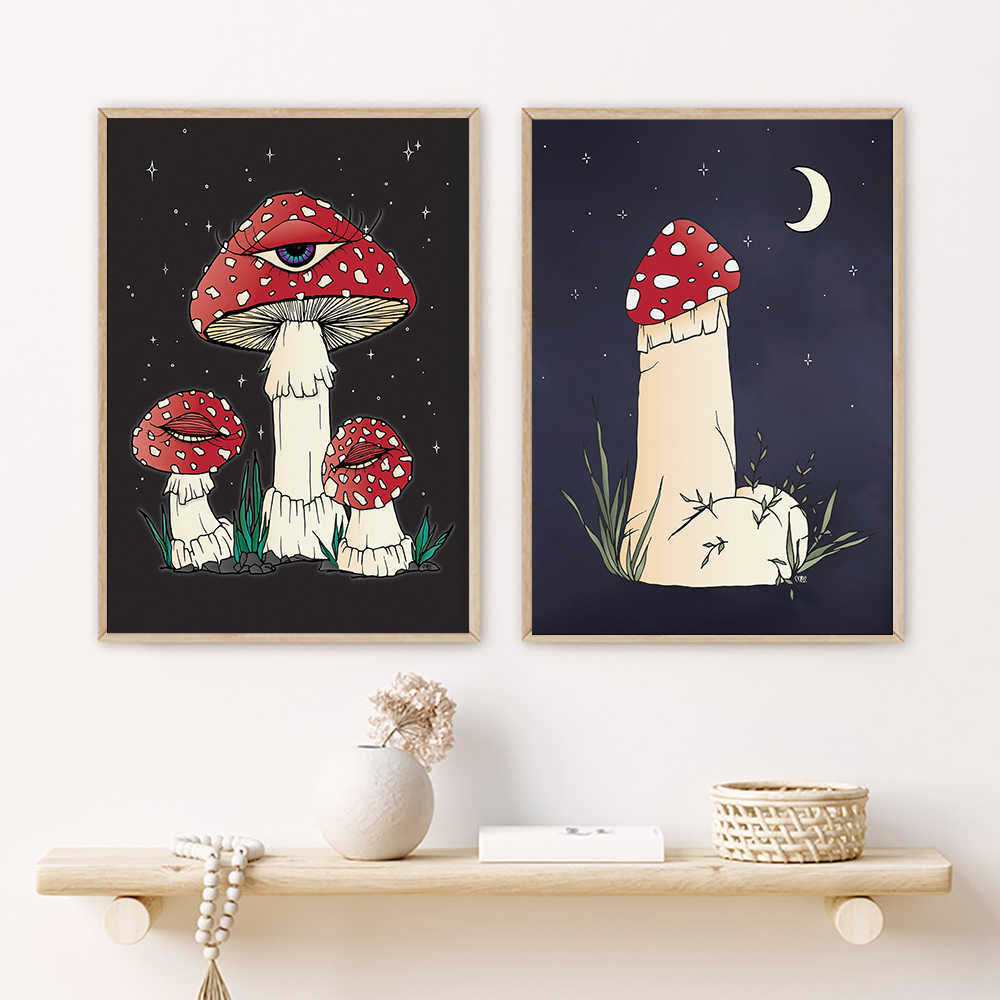 Póster Mystic Shroom con ojo, seta roja, impresión artística de Vinatge, pintura en lienzo con pene divertido, imágenes de pared, decoración de habitación HKD230829