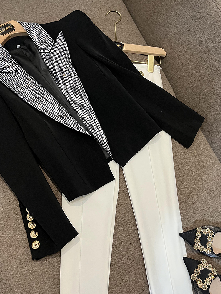 Spring Autumn Black Solid Color Hot Drilling Blazers Long Sleeve Notched-Lapel Classic Outwear Coats O3G142160