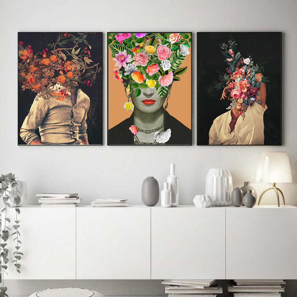 抽象的な女性と花シュールなスタイルポスターウォールアートプリントコミックプラントキャンバスリビングルームの装飾のための絵画cuadros HKD230829