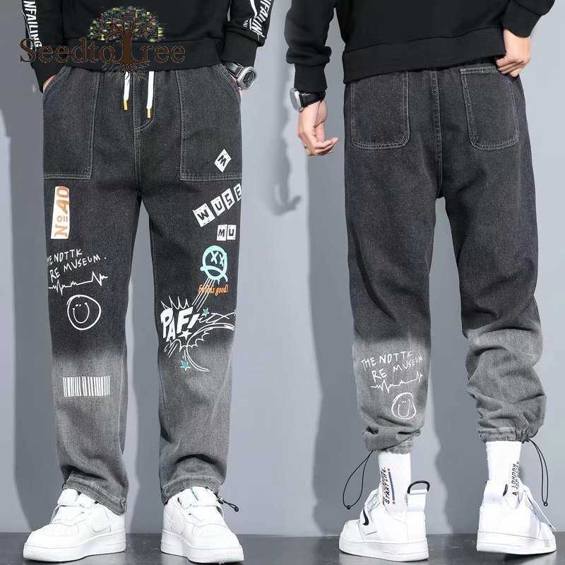 Jeans da uomo coreani stampati denim sciolto S-5XL pantaloni casual di grandi dimensioni pantaloni cargo hip-hop tuta HKD230829