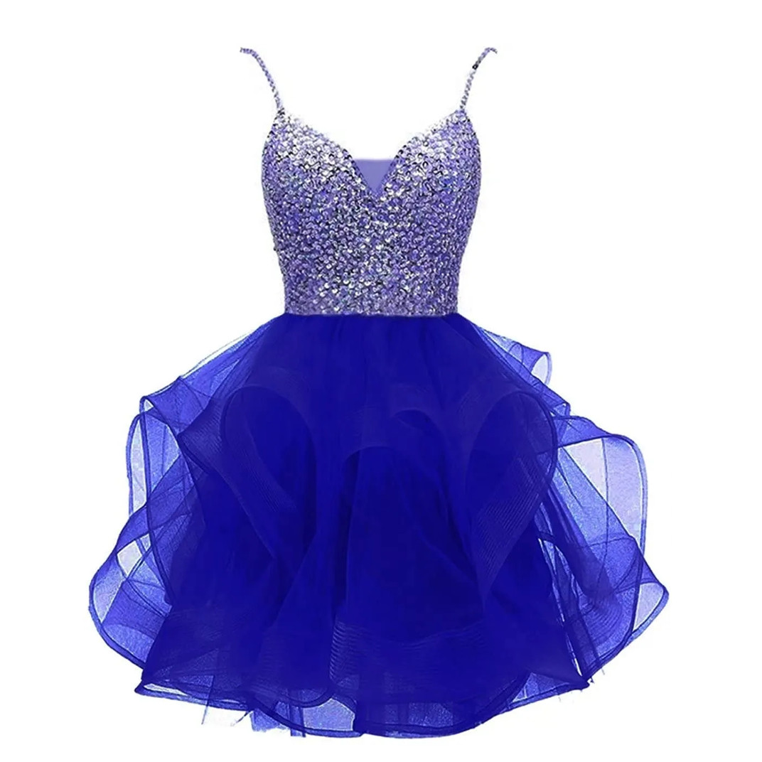 Homecoming Dresses Organza V-Neck Spaghetti Straps Beaded Short Graudation Cocktail Prom Party Gown